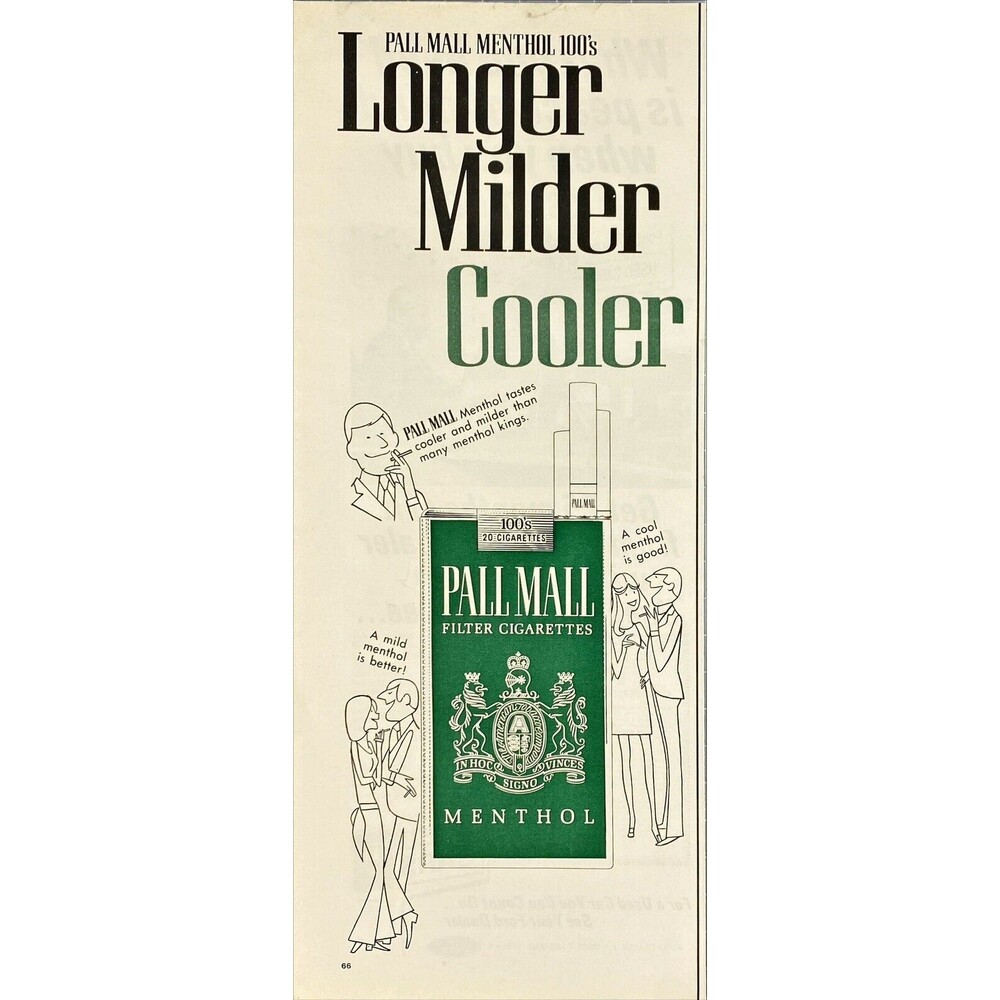 Pall Mall Menthol 100's "Longer Milder Cooler" Vintage Print Ad 1970